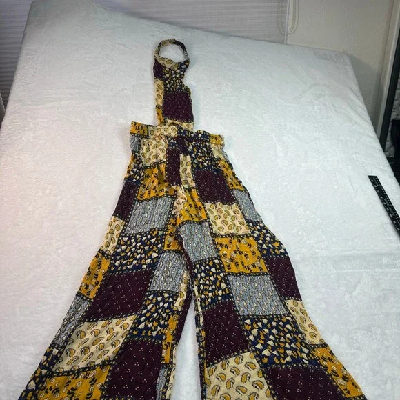 Earthbound Trading Co Jumpsuit Women Size M Multicolor Patchwork Halter Wide Leg - Picture 3 of 12